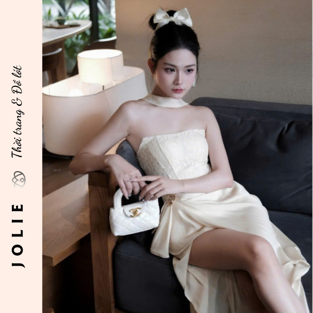 Váy Jolie Lụa Cúp Ngực Thiết Kế Xẻ Đùi Cao Cấp, Đầm Dự Tiệc Dáng Dài Phối Vòng Cổ Choker Sang Trọng Đi Tiệc/Sự Ki