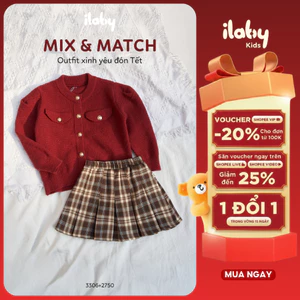 Áo khoác Noel cho bé gái ILABY áo khoác len ấm cho bé 17-36kg nắp túi giả đính cúc xinh xắn [3306]