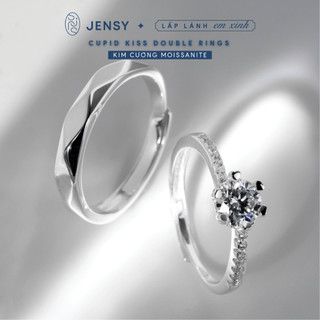 Nhẫn Đôi Kim Cương Moissanite Xi Bạch Kim JENSY Kiểm Định GRA "Cupid Kiss" NDJ6, Nhẫn Cặp Đôi Bạc