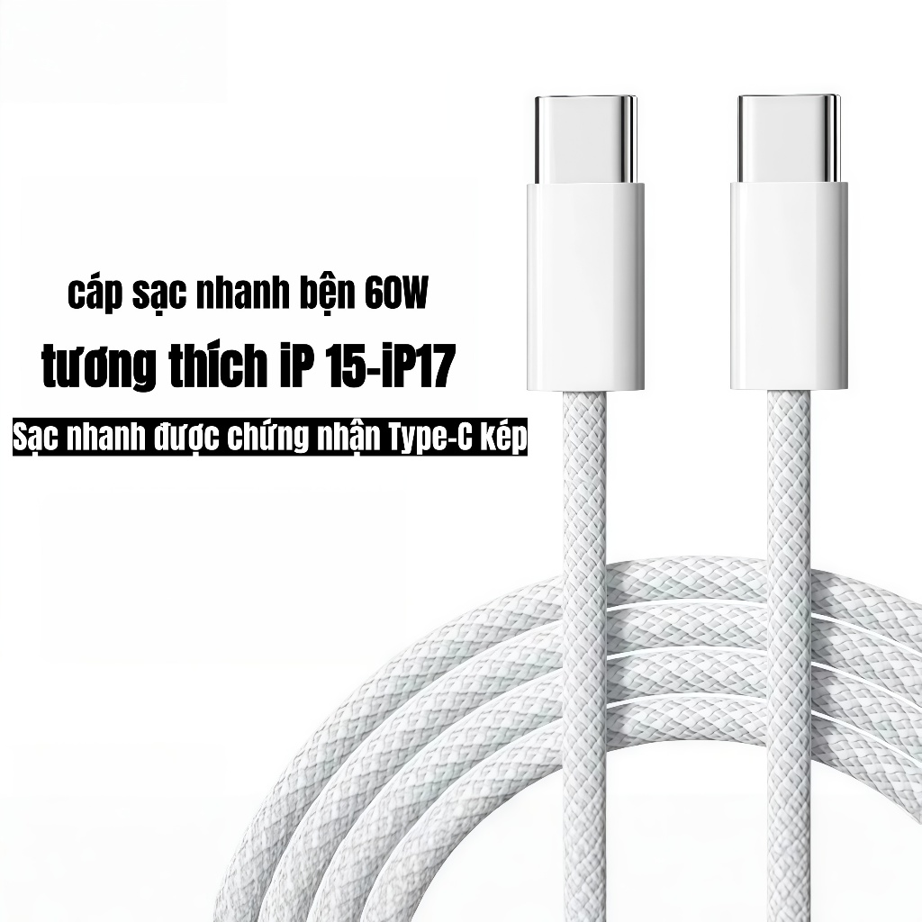 Dây sạc nhanh 60W Bọc Dù Chất liệu Đồng  Tốc Độ Cao Cho Iphone 15 16 17 & Android Type C-C