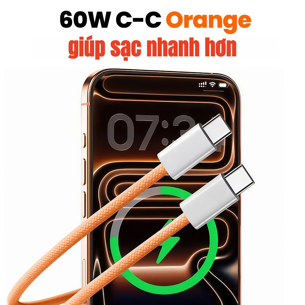 Dây sạc nhanh 60W Bọc Dù Chất liệu Đồng  Tốc Độ Cao Cho Iphone 15 16 17 & Android Type C-C
