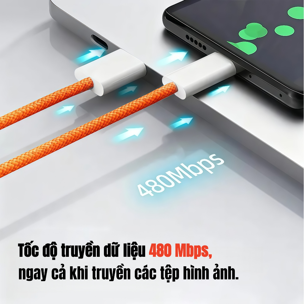 Dây sạc nhanh 60W Bọc Dù Chất liệu Đồng  Tốc Độ Cao Cho Iphone 15 16 17 & Android Type C-C