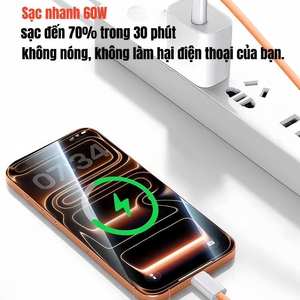 Dây sạc nhanh 60W Bọc Dù Chất liệu Đồng  Tốc Độ Cao Cho Iphone 15 16 17 & Android Type C-C