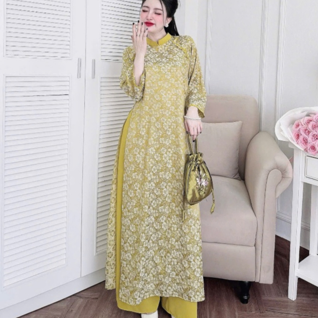 [SẴN HÀNG-HỎA TỐC]Set áo dài nữ Tết thiết kế hiện đại chất liệu gấm in họa tiết tay lỡ(Size 40-52kg)