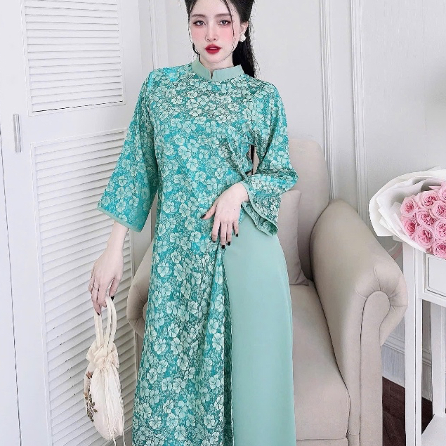 [SẴN HÀNG-HỎA TỐC]Set áo dài nữ Tết thiết kế hiện đại chất liệu gấm in họa tiết tay lỡ(Size 40-52kg)