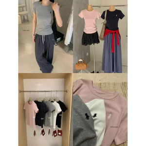 WGWE | Áo thun cotton thêu ngựa basic cổ tròn dáng ôm tôn dáng, dễ phối đồ nhiều màu – W8867#