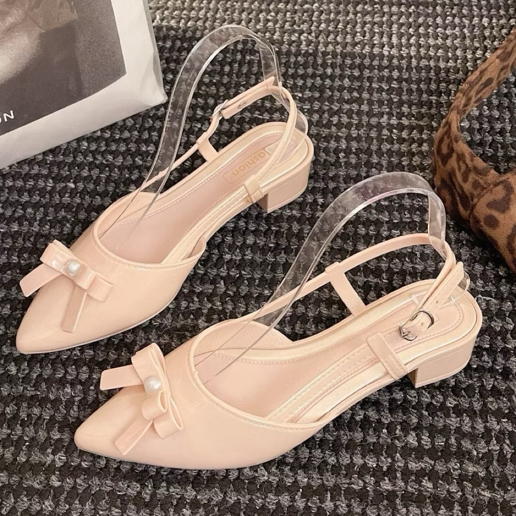 Sandal Mũi Nhọn Gắn Nơ Tiểu Thư,Quai Khoá