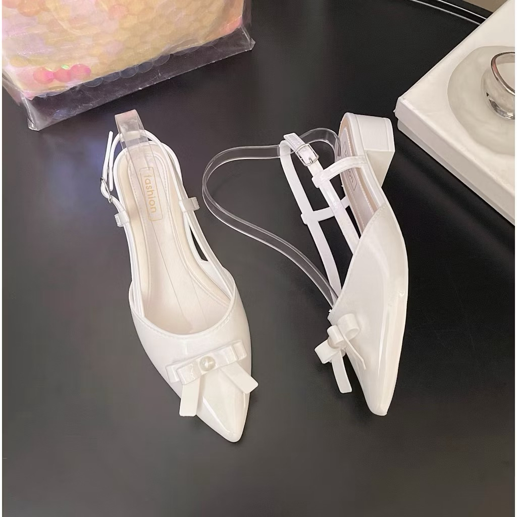 Sandal Mũi Nhọn Gắn Nơ Tiểu Thư,Quai Khoá