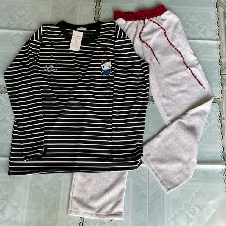 Sét Bộ Thu Đông Áo Kẻ Vằn Mèo Kitty Hottrend+Mix Quần Dài Nỉ Cạp Màu Đen Đỏ Basic Cá Tính Dễ Thương