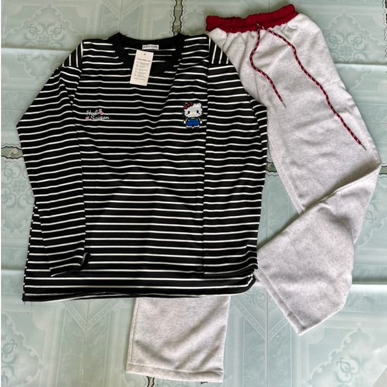 Sét Bộ Thu Đông Áo Kẻ Vằn Mèo Kitty Hottrend+Mix Quần Dài Nỉ Cạp Màu Đen Đỏ Basic Cá Tính Dễ Thương