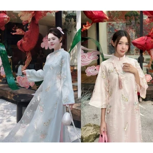 Áo Dài Cách Tân Tết Dáng Suông 4 Tà Chất Tơ Óng Thêu Hoa Nổi Sang Trọng, Set Áo Dài Nữ Tay Loe Màu Pastel Đi Chùa T1454G