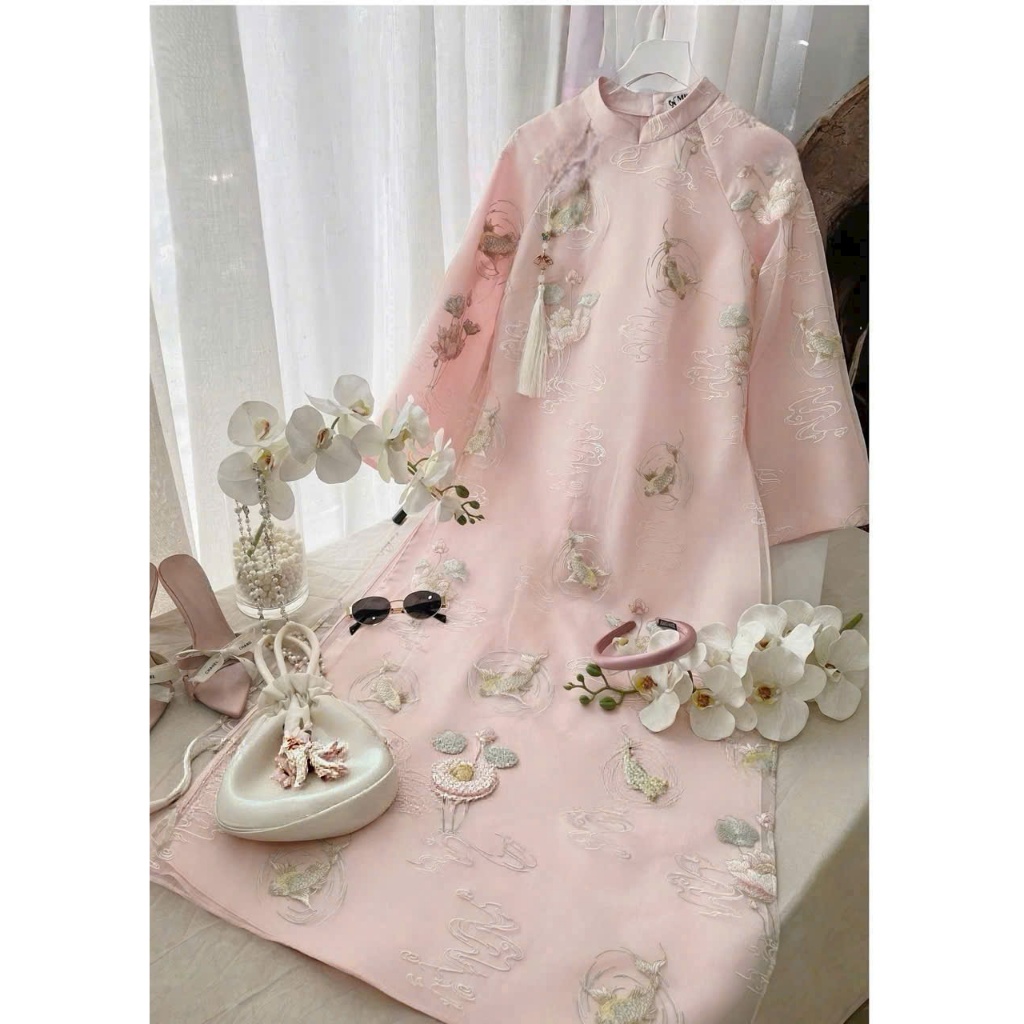 Áo Dài Cách Tân Tết Dáng Suông 4 Tà Chất Tơ Óng Thêu Hoa Nổi Sang Trọng, Set Áo Dài Nữ Tay Loe Màu Pastel Đi Chùa T1454G