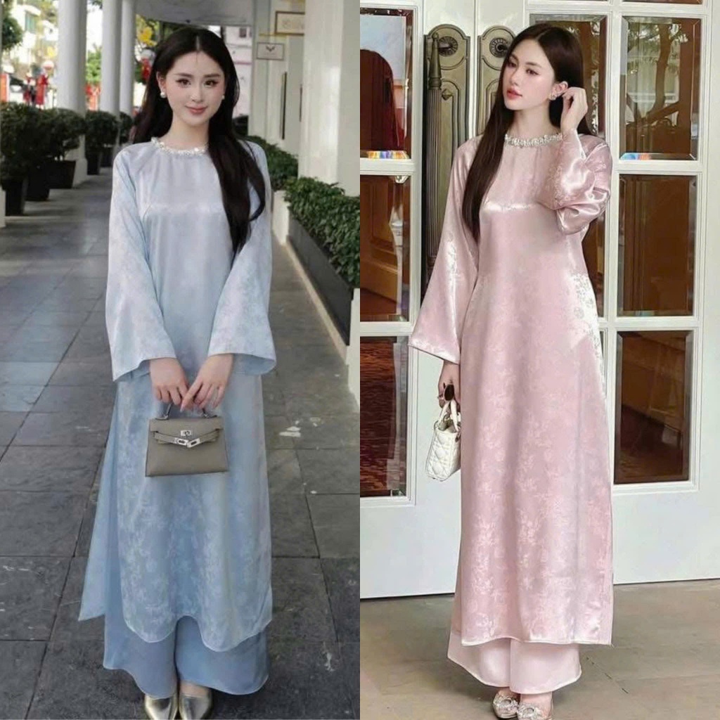 Set Áo Dài Lụa Gấm trơn Siêu Tôn Da - Dáng Suông Rộng Thoải Mái Che Khuyết Điểm Bắp Tay Cho Nàng Mũm Mĩm T1462G