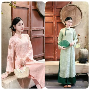 Set Áo Dài Gấm Suông Cổ Trụ Che Khuyết Điểm, Bộ Áo Dài Nữ Đi Chùa Lễ Tết Chất Gấm Cao Cấp Kèm Quần Lụa Xinh T1463G