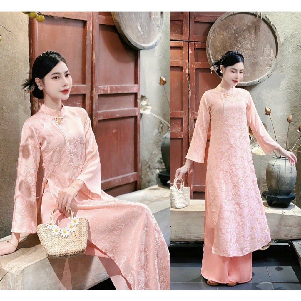 Set Áo Dài Gấm Suông Cổ Trụ Che Khuyết Điểm, Bộ Áo Dài Nữ Đi Chùa Lễ Tết Chất Gấm Cao Cấp Kèm Quần Lụa Xinh T1463G