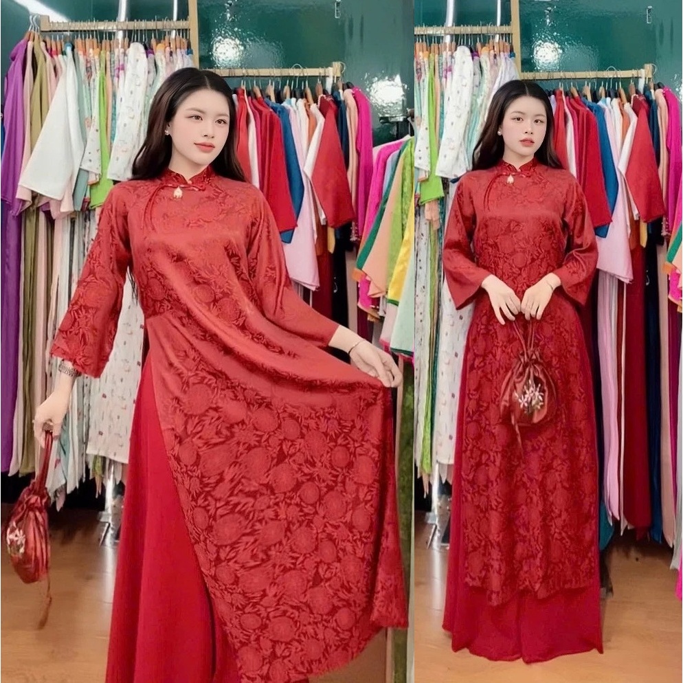 Set Áo Dài Gấm Suông Cổ Trụ Che Khuyết Điểm, Bộ Áo Dài Nữ Đi Chùa Lễ Tết Chất Gấm Cao Cấp Kèm Quần Lụa Xinh T1463G