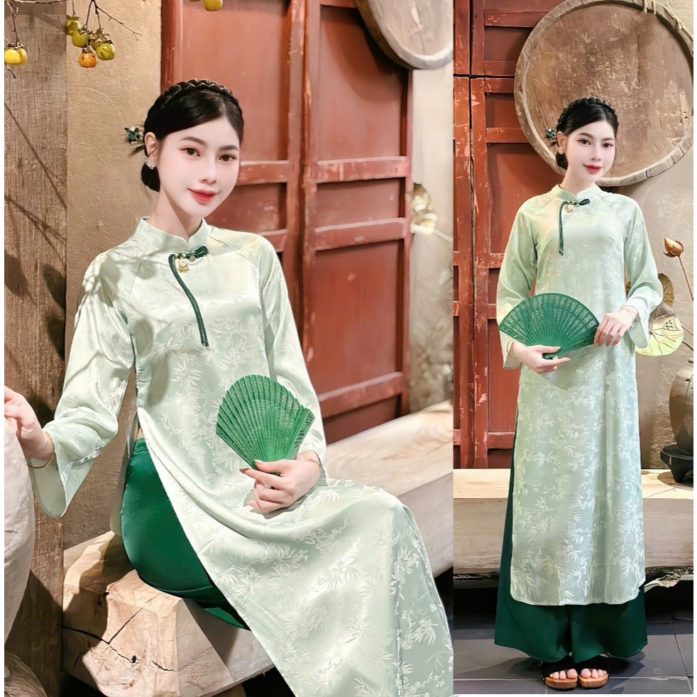 Set Áo Dài Gấm Suông Cổ Trụ Che Khuyết Điểm, Bộ Áo Dài Nữ Đi Chùa Lễ Tết Chất Gấm Cao Cấp Kèm Quần Lụa Xinh T1463G