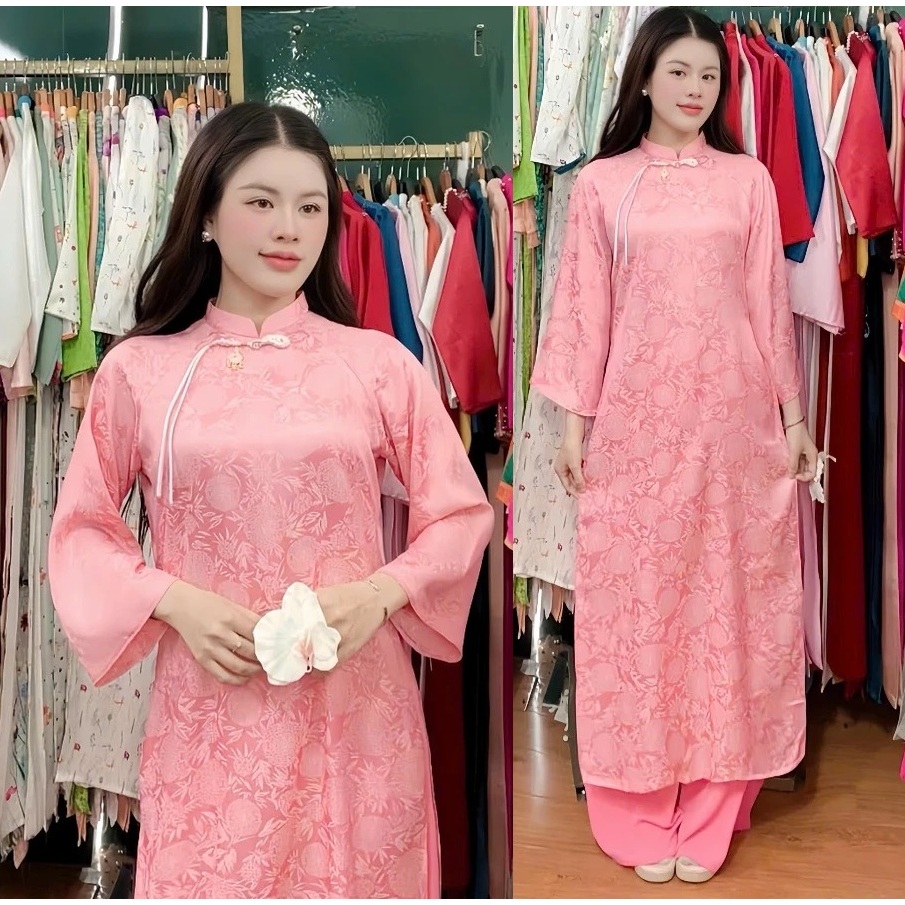 Set Áo Dài Gấm Suông Cổ Trụ Che Khuyết Điểm, Bộ Áo Dài Nữ Đi Chùa Lễ Tết Chất Gấm Cao Cấp Kèm Quần Lụa Xinh T1463G