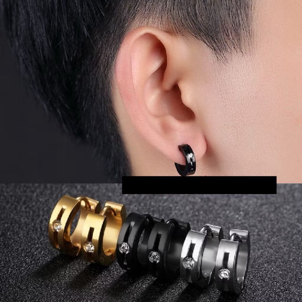 Khuyên tai titan tròn unisex đính đá không đen không gỉ