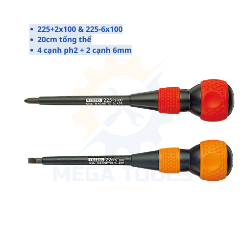 Tô vít cách điện Vessel No.225 Nhật Bản (+2x100, +2x150, -6x100, -6x150) - Mega Tools