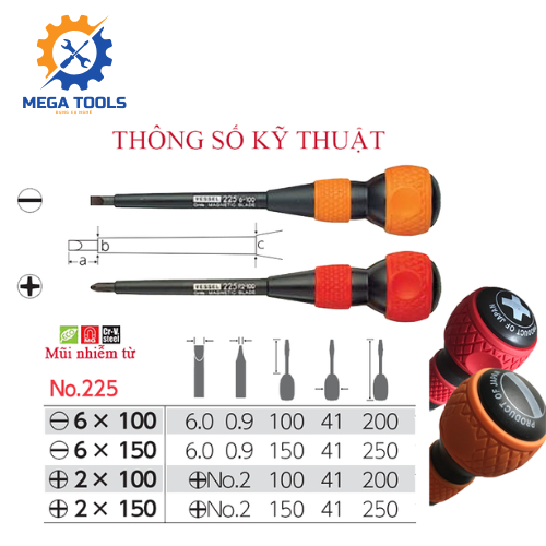 Tô vít cách điện Vessel No.225 Nhật Bản (+2x100, +2x150, -6x100, -6x150) - Mega Tools