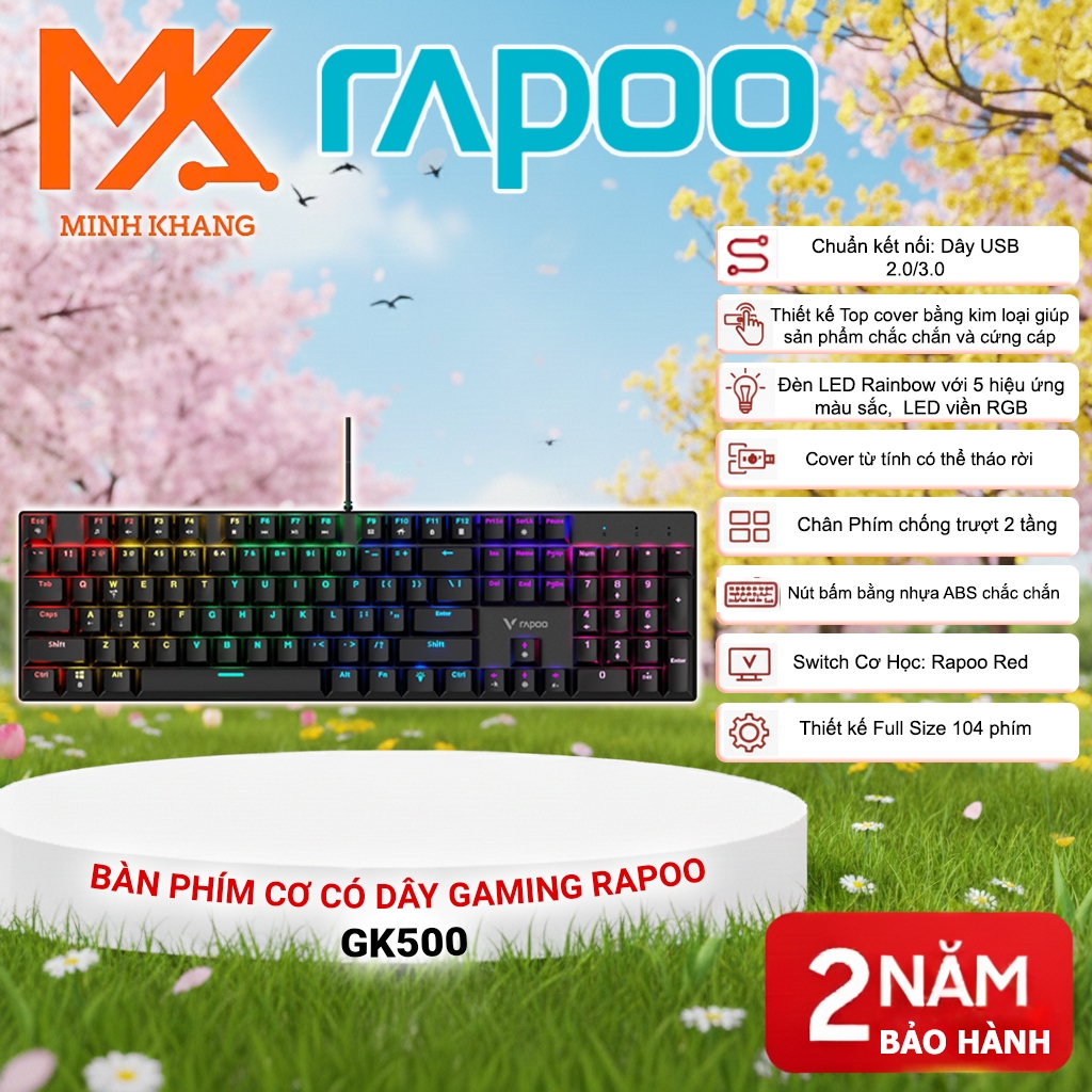 [Rapoo GK500 Chính Hãng] Bàn Phím Cơ Chơi Game RGB – Fullsize 104 Phím, Switch Cơ Học, LED Nhiều Hiệu Ứng (Giá Ưu Đãi)