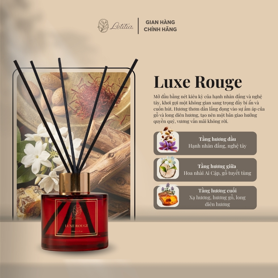 Tinh Dầu Khuếch Tán Cao Cấp Cắm Que Thơm Phòng Letitia Hương Luxe Rouge Size 100ml