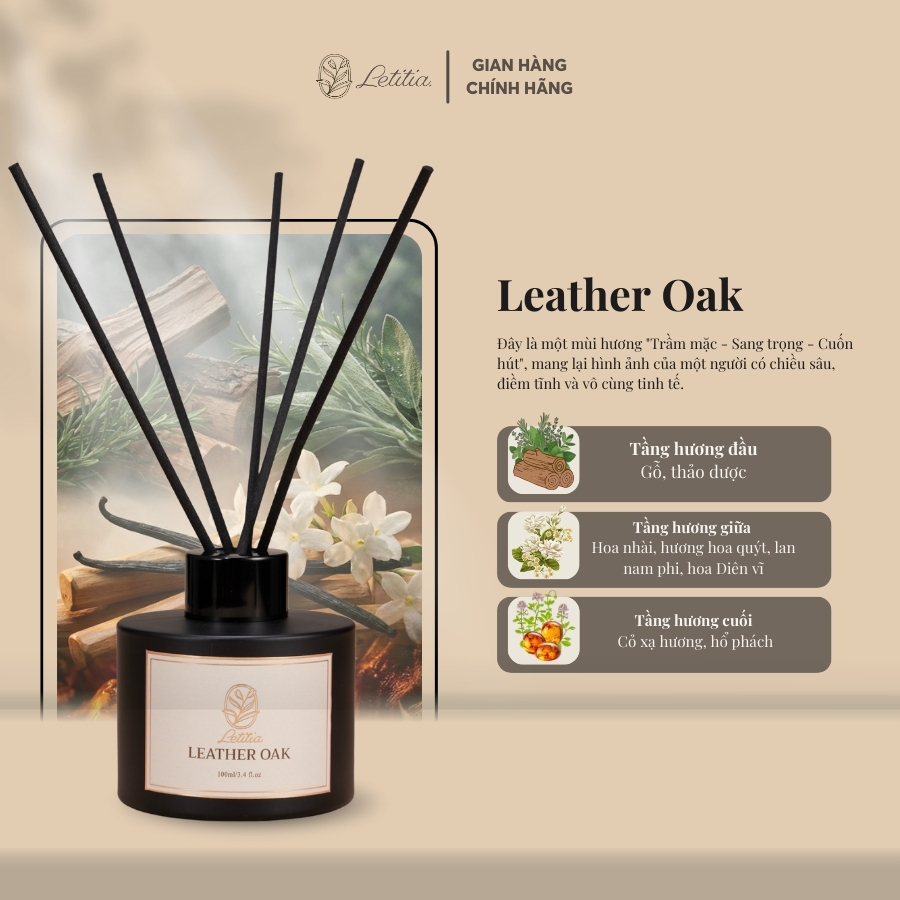 Tinh Dầu Khuếch Tán Cao Cấp Cắm Que Thơm Phòng Letitia Leather Oak Size 100ml