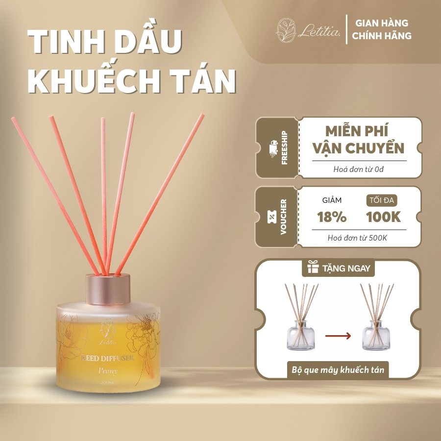 Tinh Dầu Khuếch Tán Cao Cấp Cắm Que Thơm Phòng Letitia Hương Peony Size 100ml