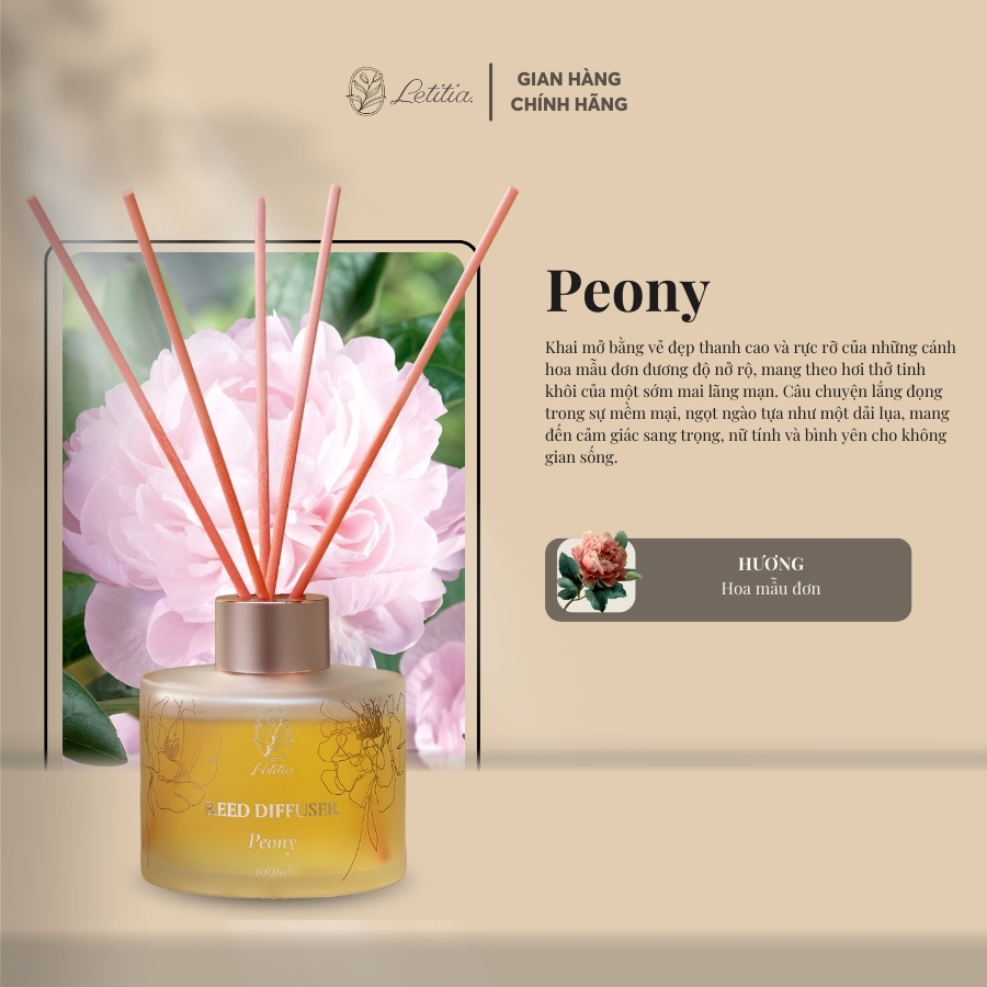 Tinh Dầu Khuếch Tán Cao Cấp Cắm Que Thơm Phòng Letitia Hương Peony Size 100ml