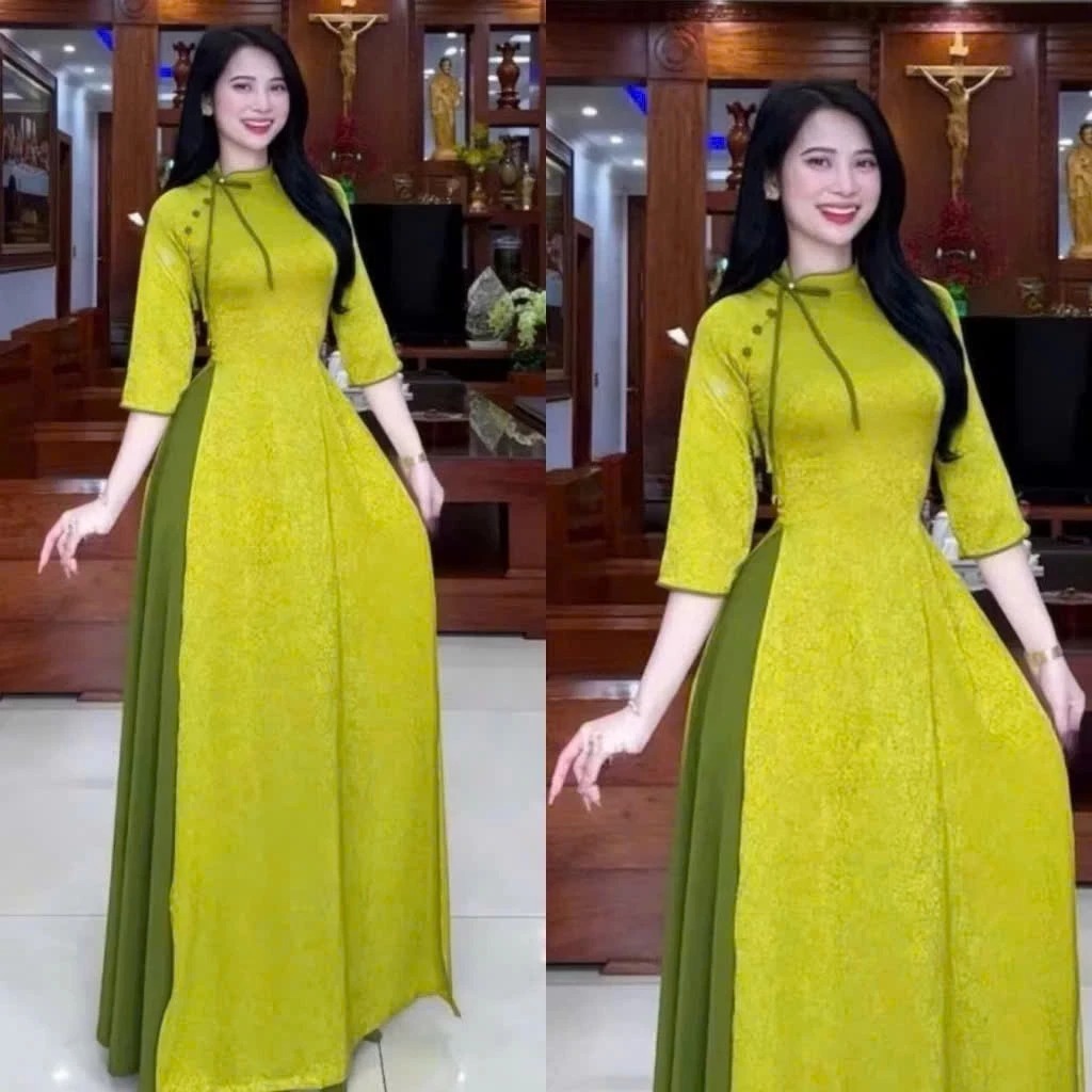 Áo Dài Cách Tân Dáng Ôm Phối Cúc Tàu Cổ Lệch Tôn Dáng Bộ Trang Phục Truyền Thống Việt Nam Hiện Đại Đi Tiệc Xinh T1467G