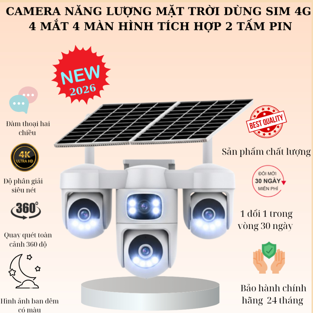 (Lỗi 1 đổi 1) CAMERA NĂNG LƯỢNG MẶT TRỜI DÙNG SIM 4G 4 MẮT 4 MÀN HÌNH TÍCH HỢP 2 TẤM PIN XOAY 360 ĐỘ