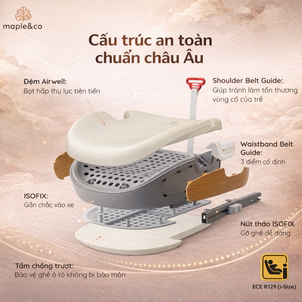 Ghế Ngồi Ô Tô Trẻ Em Maple Booster Chính Hãng 6-12 Tuổi - Tiêu chuẩn An Toàn i-Size R129, Có ISOFIX