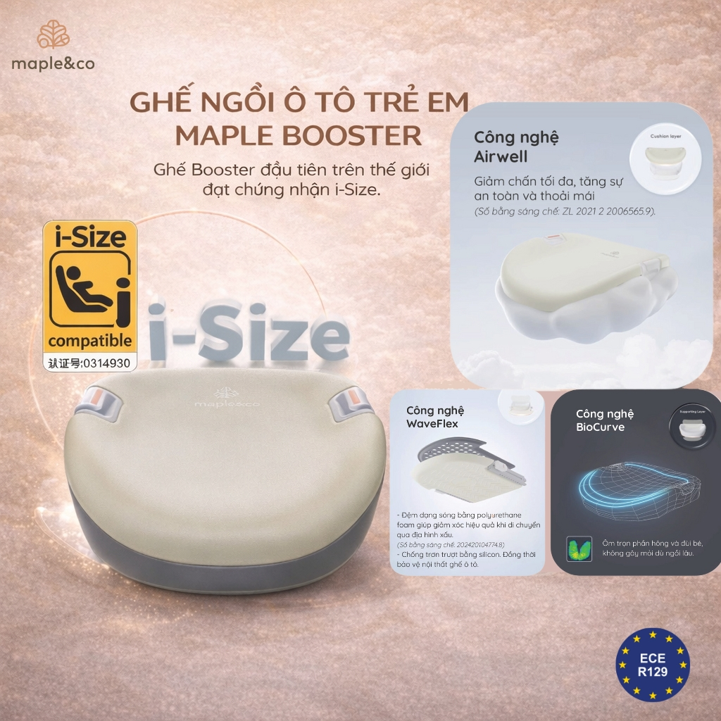 Ghế Ngồi Ô Tô Trẻ Em Maple Booster Chính Hãng 6-12 Tuổi - Tiêu chuẩn An Toàn i-Size R129, Có ISOFIX