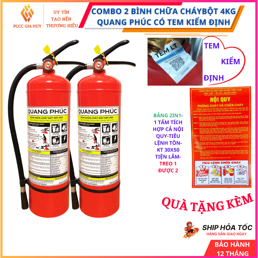 Combo 2 bình chữa cháy bột ABC 4kg Quang Phúc có tem kiểm định tặng NQTL 2IN1-Có phân loại kèm kệ để