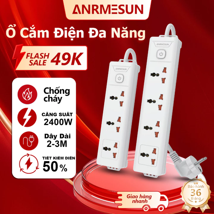 Ổ Cắm Điện Đa Năng ANRMESUN Chống Cháy Chống Giật An Toàn Sạc Nhanh Dây cáp 2-3m Lõi đồng chất lượng cao Công Suất 2400W