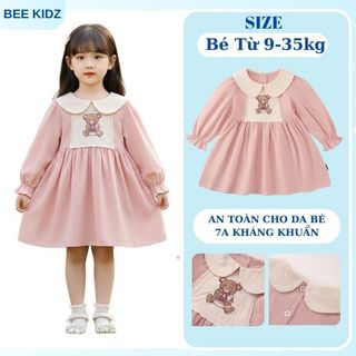 Váy Cho Bé Gái, Váy Dài Tay Cho Gái Thiết Kế Tiểu Thư Thêu Hình Gấu Dễ Thương Chất Liệu 100% Cotton