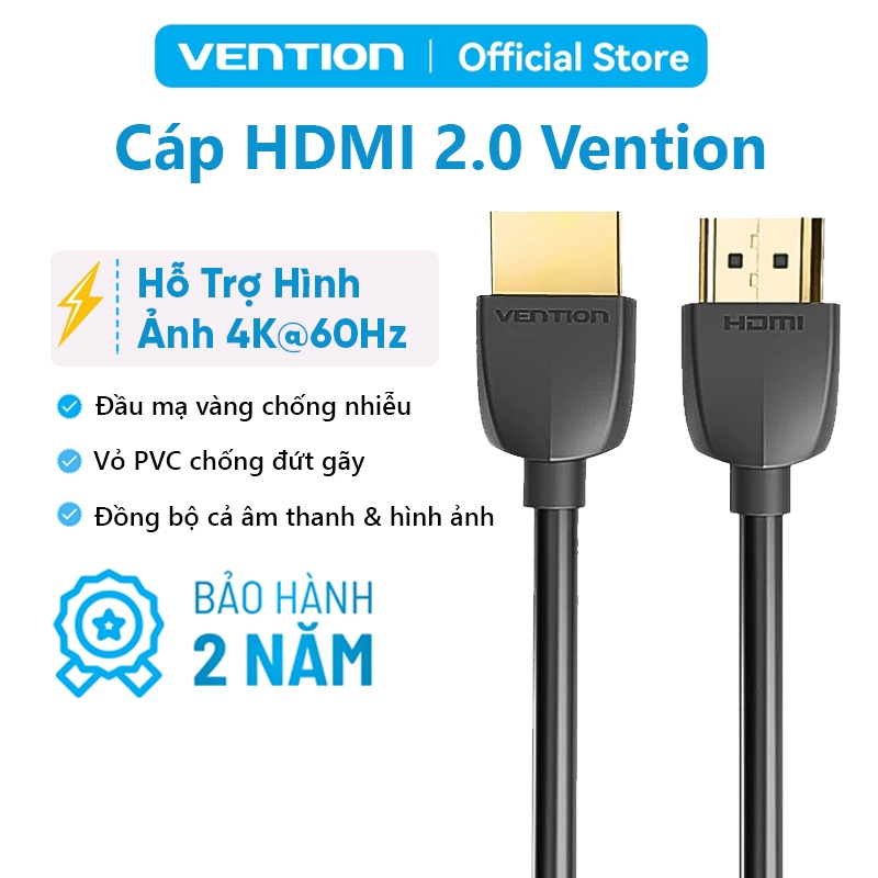Cáp HDMI 2.0 Vention 4K 60Hz  Siêu Mỏng Cho PC Xbox Màn Hình Chơi Game Đầu Mạ Vàng, Vỏ PVC Bền Chắc Hình Ảnh Săc Nét