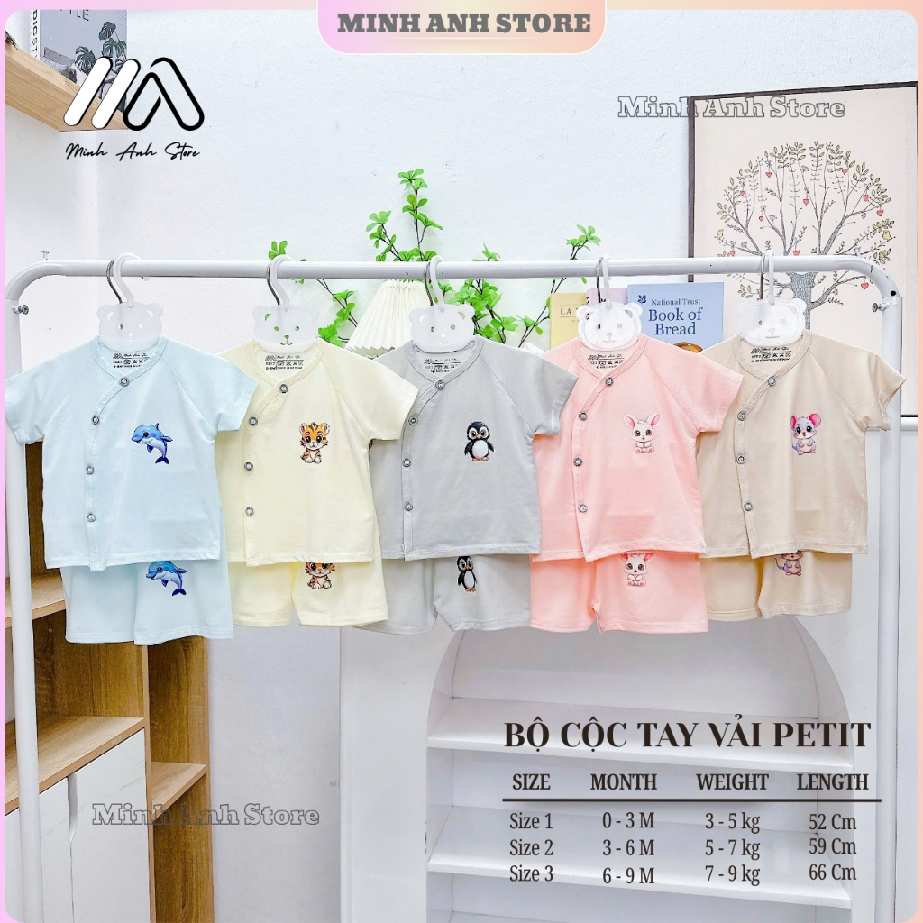 [Set 3-5] Bộ cộc tay sơ sinh vải PETIT màu trơn in hình động vật ngộ nghĩnh cho bé từ 3-9kg MA CLM01