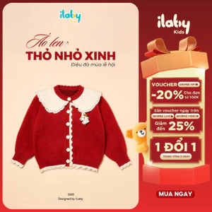 Áo khoác len Tết bé gái ILABY cài khuy tai thỏ size từ 10 - 35kg - Áo len Cardigan bé gái màu đỏ diện Tết [3989]