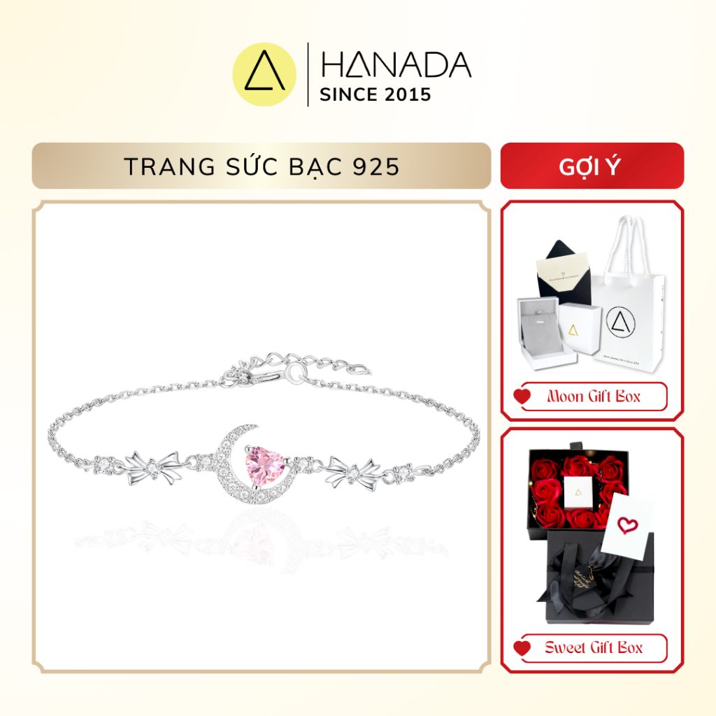[ƯU ĐÃI SẢN PHẨM MỚI] Lắc Tay Bạc 925 HANADA Mặt Trăng Trái Tim Đá Hồng, Vòng Tay Tiểu Thư Nơ Đá Quà tặng Nữ 2835K15