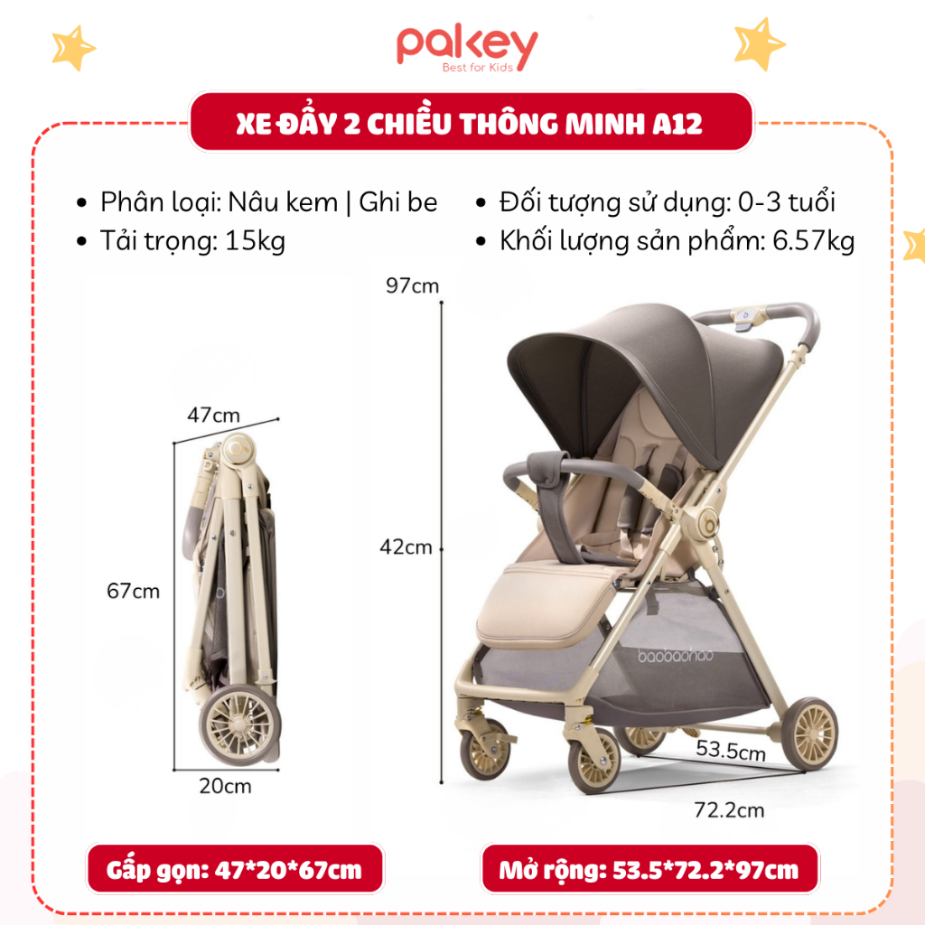 [HỎA TỐC] Xe Đẩy Gấp Gọn Cao Cấp Baobaohao A12, Xe Đẩy Cho Bé Trọng Lượng Siêu Nhẹ Bánh Xe Phanh Kép An Toàn Cho Bé