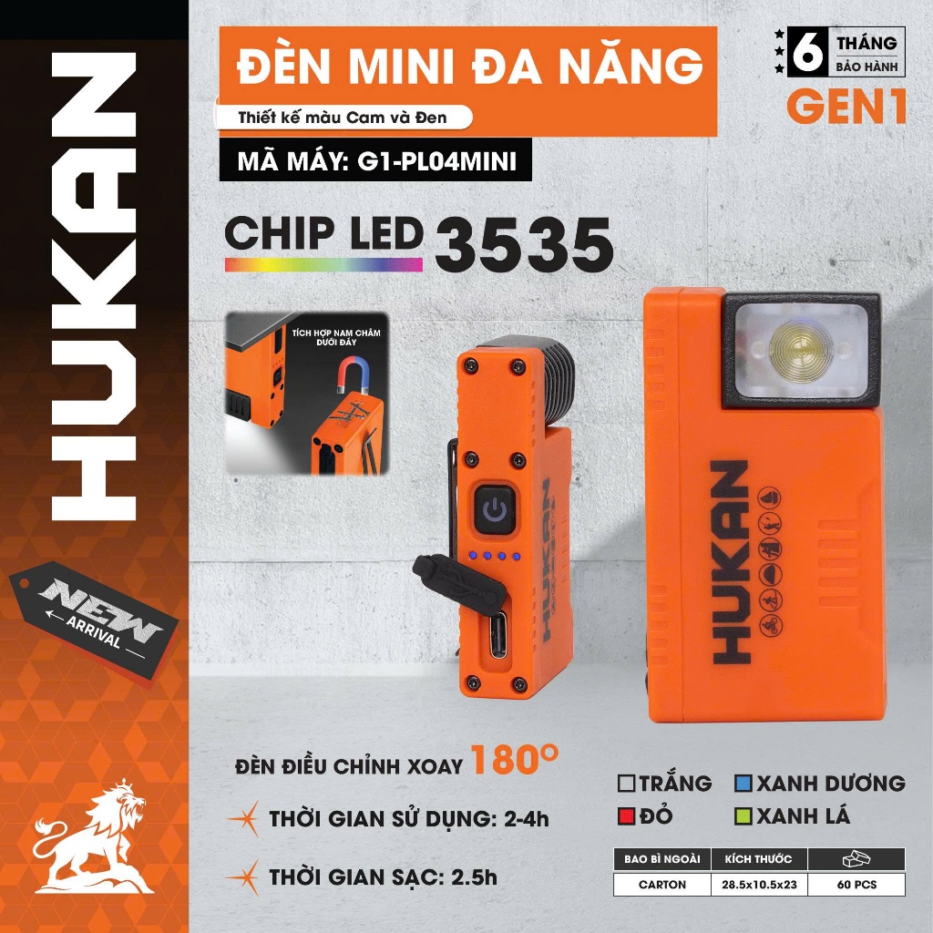 Đèn mini đa năng bỏ túi HUKAN G1-PL04mini, 4 màu đèn, Chỉnh 180 độ, Dùng 3-4H, Đế có nam châm hút