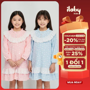 Váy bé gái ILABY tay dài họa tiết tim phối ren công chúa đi chơi chụp ảnh dễ thương [3378]