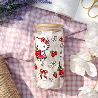 Cốc Thủy Tinh Mèo HK 500ml, Ly Thủy Tinh Nắp Tre 16Oz Chịu Nhiệt Kèm Phụ Kiện, Quà Tặng Sinh Nhật