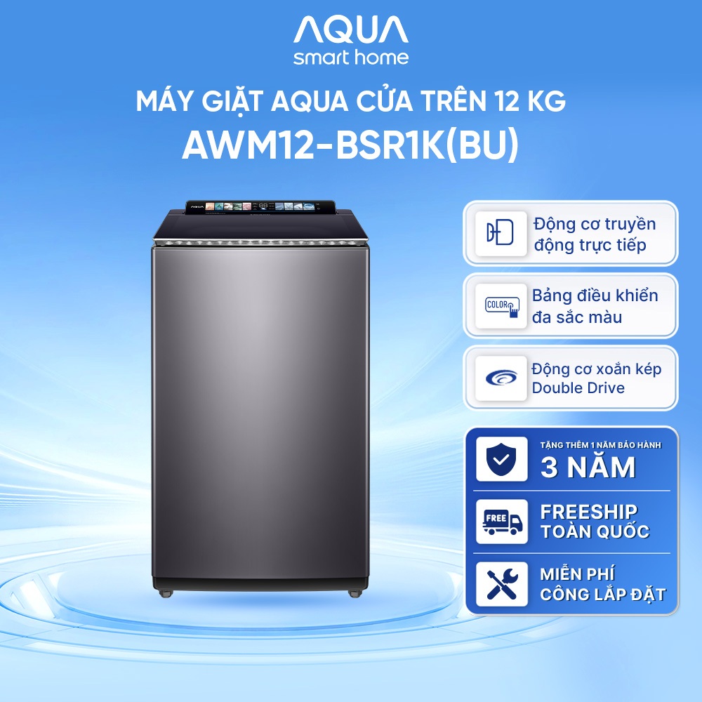 Máy giặt cửa trên Inverter AQUA 12kg  AWM12-BSR1K(BU) - Bảng điều khiển màu - Freeship toàn quốc