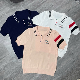 LT - Áo len nữ cổ bẻ, hình cún thêu ngực, tay kẻ sọc len mongtoghi free size 1544