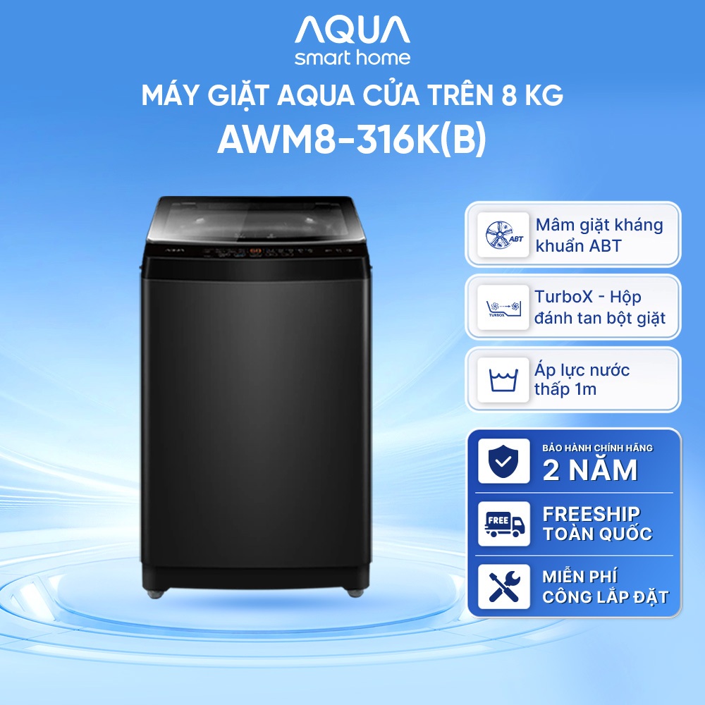 Máy giặt Aqua 8 kg AWM8-316K(B) - Freeship toàn quốc - Bảo hành 2 năm