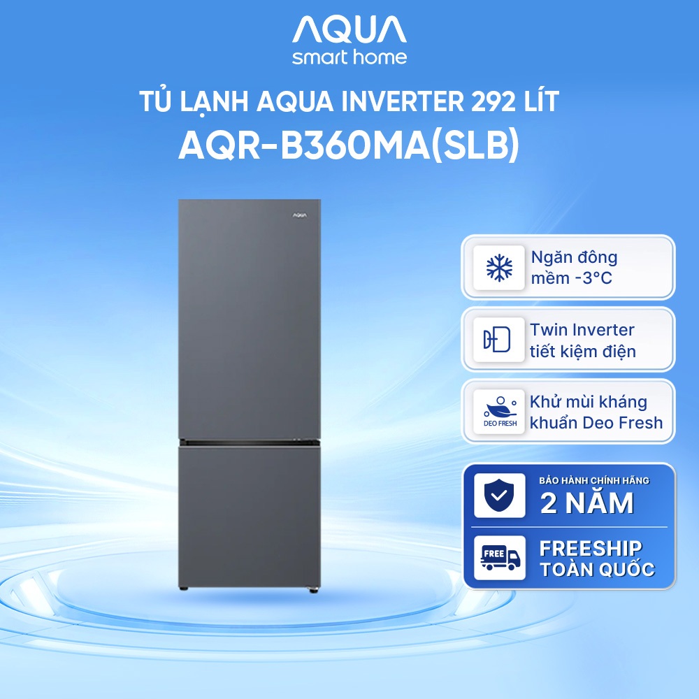 Freeship toàn quốc - Tủ lạnh ngăn đông dưới Aqua 292L AQR-B360MA(SLB) - Bảo hành chính hãng trong 2 năm