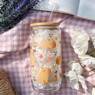 Cốc Thủy Tinh Capybara1 500ml, Ly Thủy Tinh Nắp Tre 16Oz Chịu Nhiệt Kèm Phụ Kiện, Quà Tặng Sinh Nhật